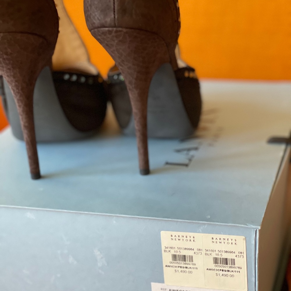 HP💝Vintage New LANVIN blk & brn satin & leather with rhinestones HEELS - Picture 13 of 13
